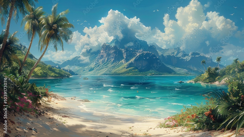 Naklejka premium Tropical Paradise: Tranquil Beach with Majestic Mountains