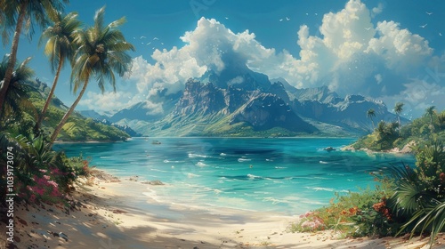 Tropical Paradise: Tranquil Beach with Majestic Mountains