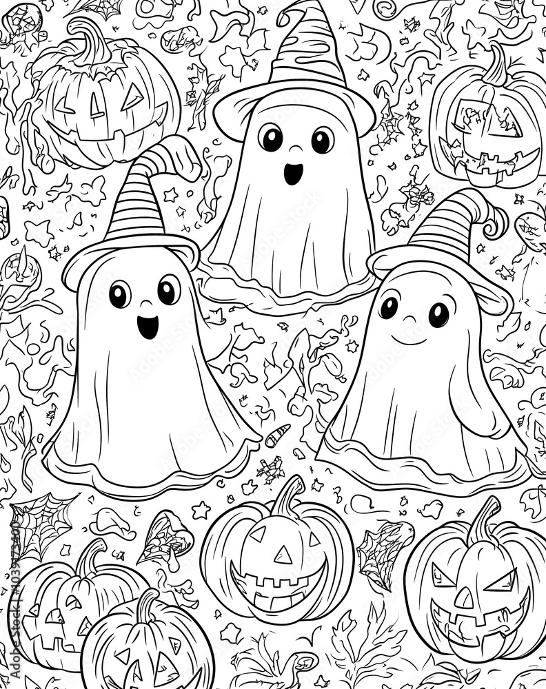 coloring page featuring cute ghosts wearing witches' hats and pumpkins with delicate details, surrounded by Halloween decorations. coloring page featuring cute ghosts wearing witches' hats and pumpkins with delicate details, surrounded by Halloween decorations.
