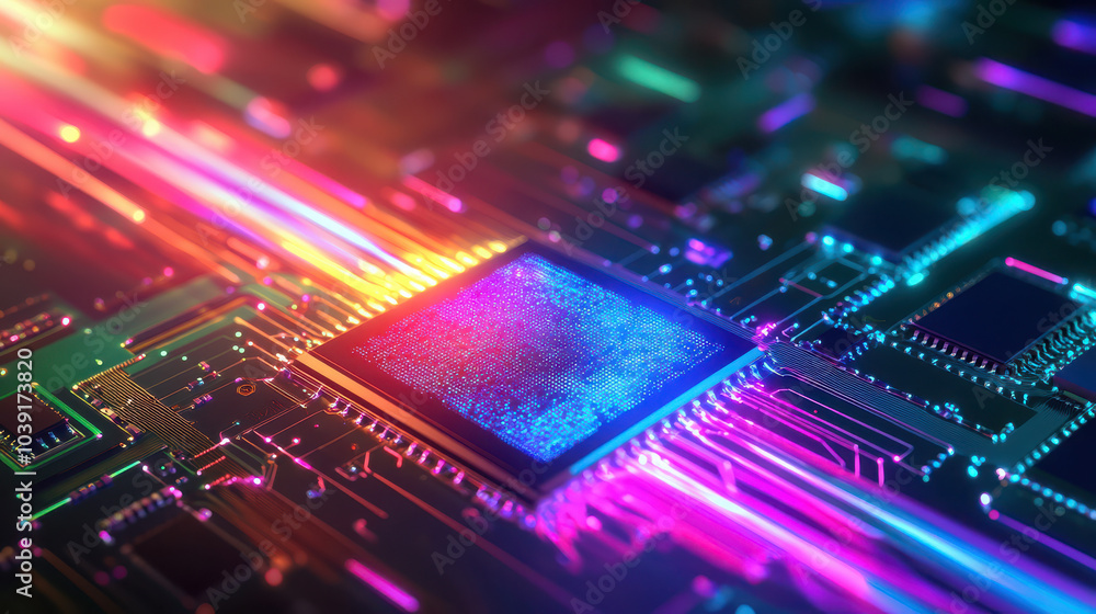 A close-up view of a vibrant microchip on a circuit board, illustrating technology's complexity. A close-up view of a vibrant microchip on a circuit board, illustrating technology's complexity.