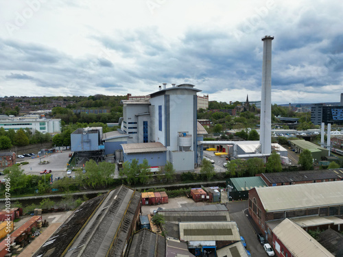 High Angle View of Historical Sheffield City Which is Located at English county of South Yorkshire United Kingdom. Aerial View of City Was Captured with Drone's Camera From High altitude on April 29th photo