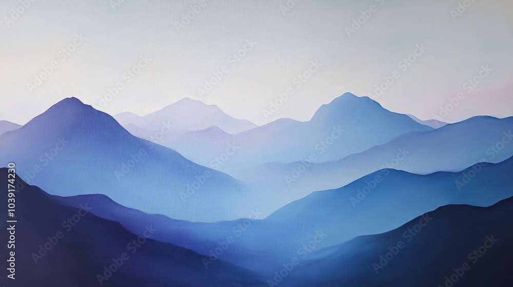A minimalist painting of a mountain range under a pale blue sky. A minimalist painting of a mountain range under a pale blue sky.