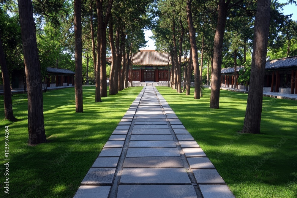 Cypress tree-lined paths leading to the Temple of Heaven, with the tall, ancient trees casting long shadows on the stone pavement Cypress tree-lined paths leading to the Temple of Heaven, with the tall, ancient trees casting long shadows on the stone pavement