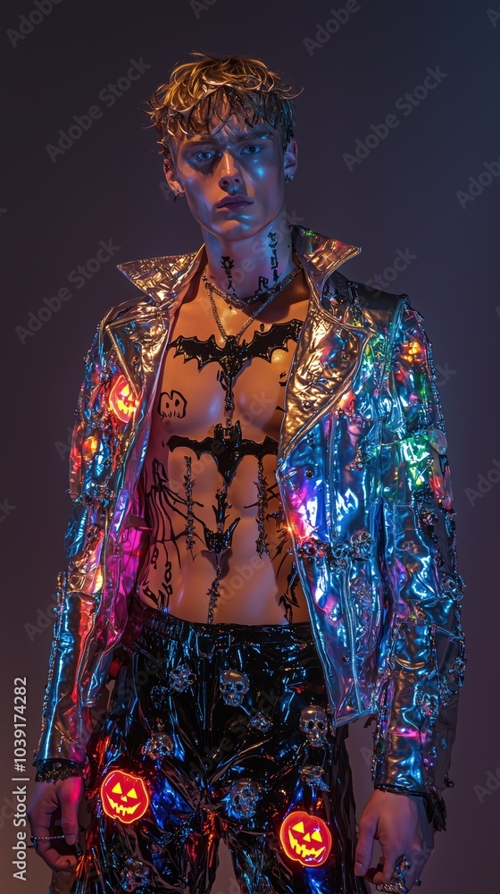 Fototapeta premium Stylish Halloween Fashion: Punk and Gothic Outfits Featuring Jack-O’-Lantern Designs | Trendy Halloween Streetwear and Costume Ideas