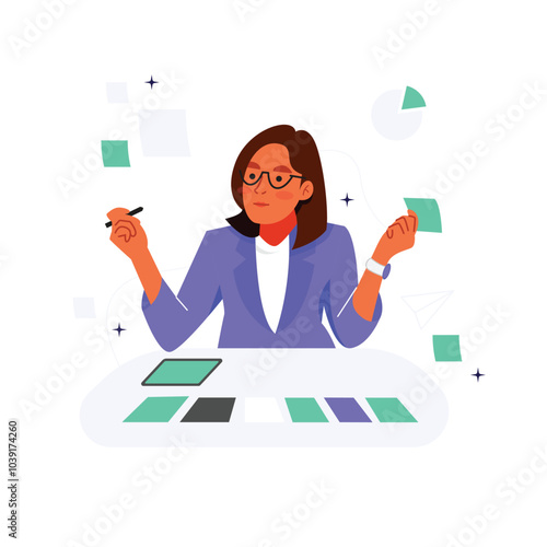 Vector of female employee managing her task using sticky notes