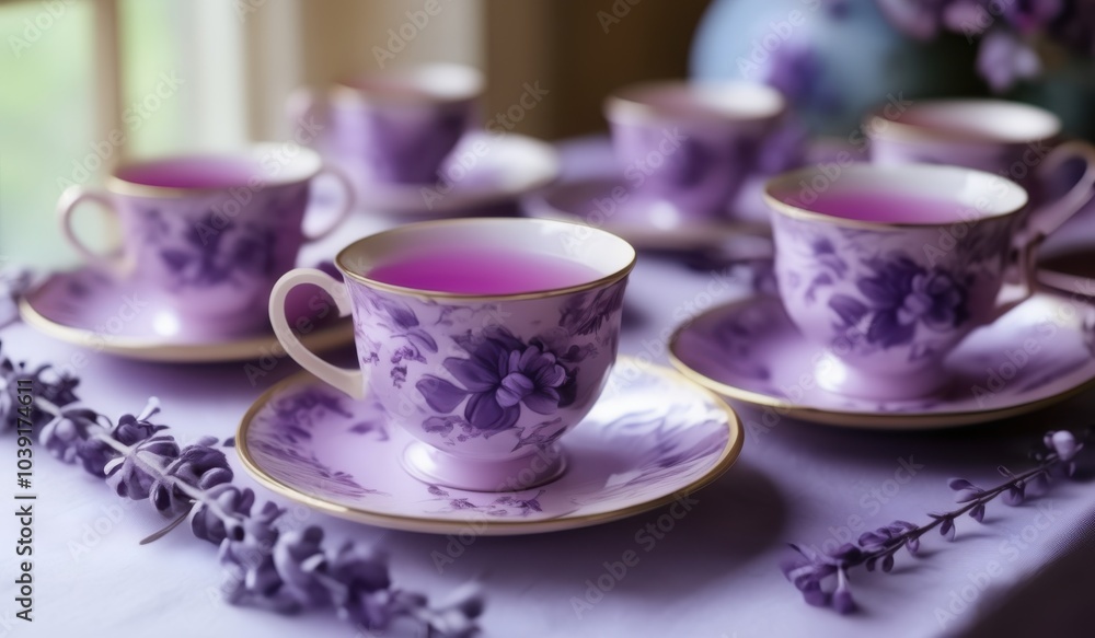 Fototapeta premium purple tea cups and saucers are sitting on a table