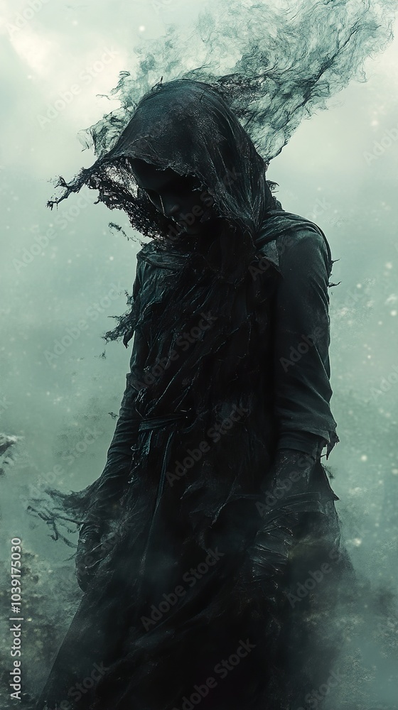 Dark Figure in a Foggy Landscape - A Haunting Digital Art Dark Figure in a Foggy Landscape - A Haunting Digital Art