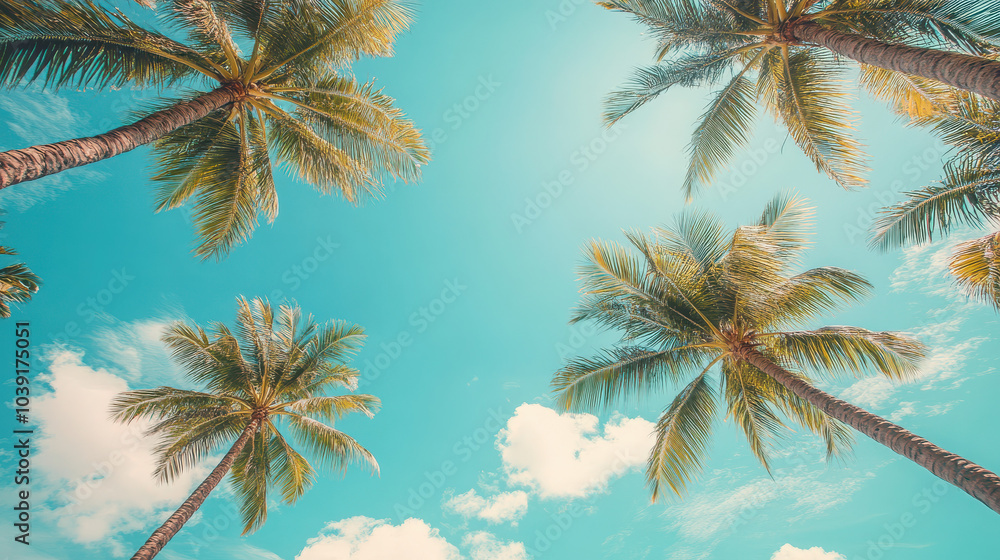 Fototapeta premium A serene view of palm trees against a bright blue sky with fluffy clouds.