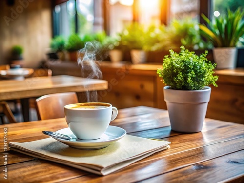 Minimalist Cafe Scene with White Menu and Coffee Cup on Wooden Table