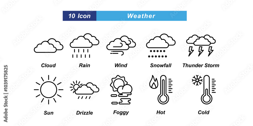 set of 10 outline weather icons such as cloud, rain,wind,snowfall, thundershower,sun, drizzle,foggy,hot temperature and cold temperature. perfect us,web design,print,mobile apps,etc. set of 10 outline weather icons such as cloud, rain,wind,snowfall, thundershower,sun, drizzle,foggy,hot temperature and cold temperature. perfect us,web design,print,mobile apps,etc.