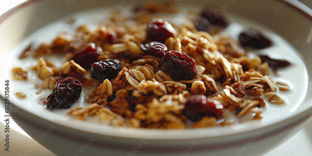 Bowl of crunchy granola with dried cranberries soaking in milk Bowl of crunchy granola with dried cranberries soaking in milk