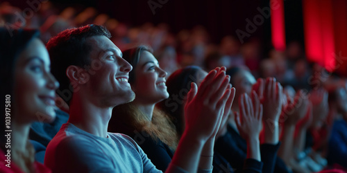 Audience applauding enthusiastically after great movie premiere photo