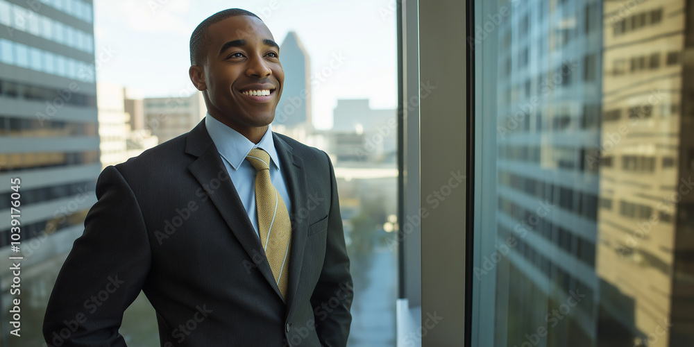 Businessman smiling and looking out of office window in modern city center building Businessman smiling and looking out of office window in modern city center building