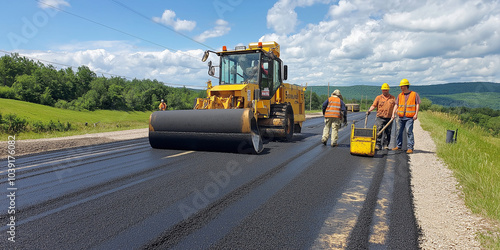 Road construction crew paving a rural highway on a sunny day