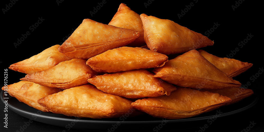 Many delicious puff pastry triangles stacked on plate Many delicious puff pastry triangles stacked on plate