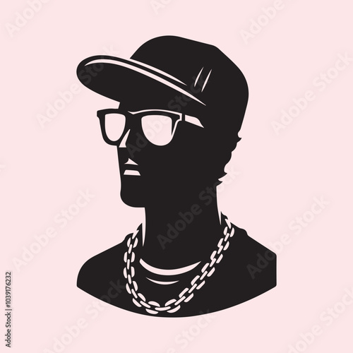 Cool rapper man in a baseball cap and sunglasses silhouette vector black and white