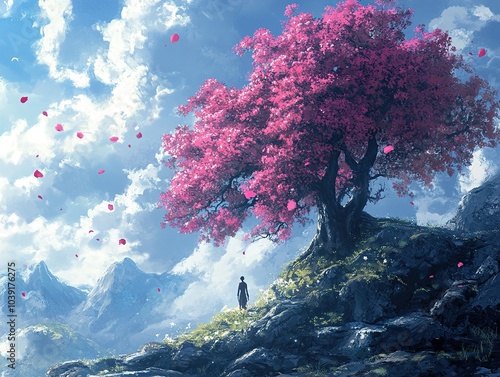 Pink Cherry Blossom Tree on a Mountaintop - Tranquil Landscape