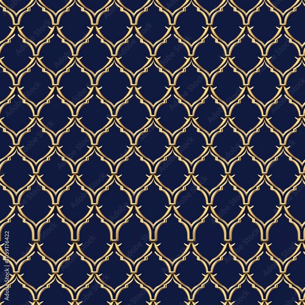Fototapeta premium Elegant Gold and Navy Geometric Seamless Pattern with Ornate Curves and Interlocking Shapes, Luxurious Art Deco Design Perfect for Wallpaper, Fabric, or High-End Graphic Projects