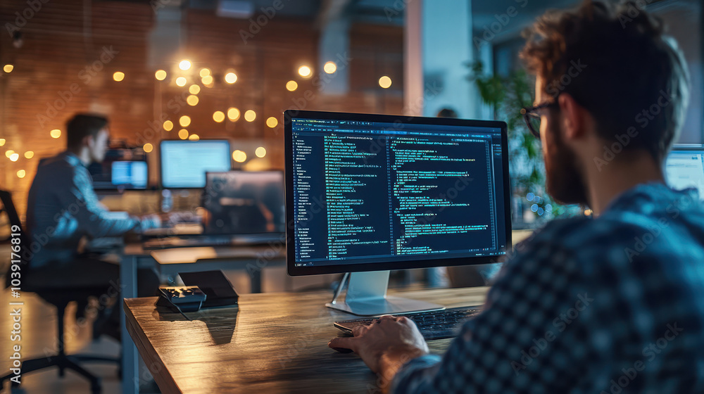 A programmer working at a desk with multiple screens displaying code in a modern office. A programmer working at a desk with multiple screens displaying code in a modern office.