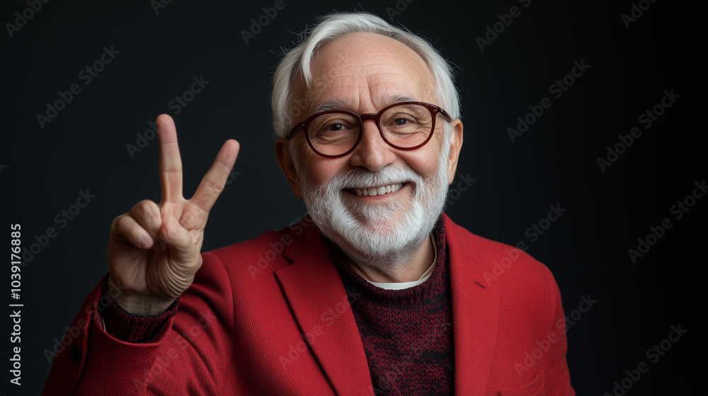 Portrait of a smiling senior man with white hair and beard wearing glasses and a red jacket, making a peace sign gesture with his hand against a dark background Portrait of a smiling senior man with white hair and beard wearing glasses and a red jacket, making a peace sign gesture with his hand against a dark background