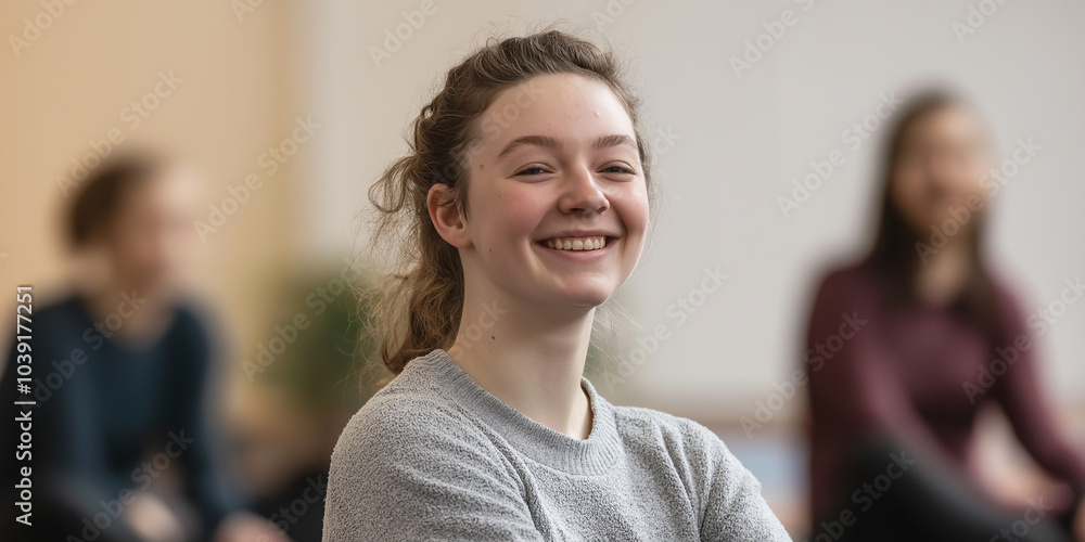 Young woman smiling during group therapy session Young woman smiling during group therapy session