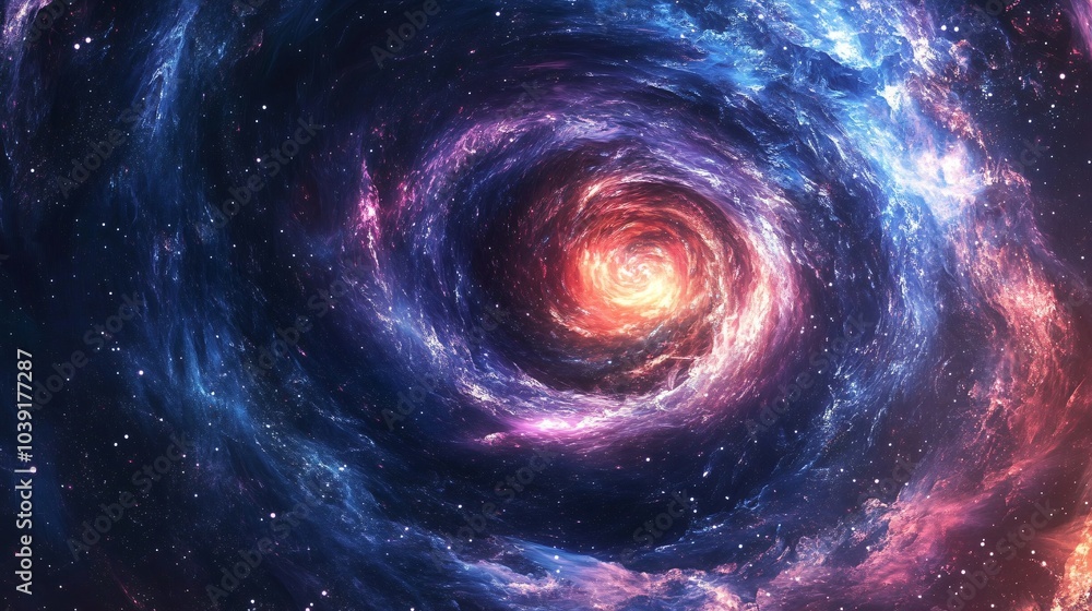 A swirling nebula with shades of blue, purple, and red against a backdrop of scattered stars, creating a beautiful and abstract image. A swirling nebula with shades of blue, purple, and red against a backdrop of scattered stars, creating a beautiful and abstract image.