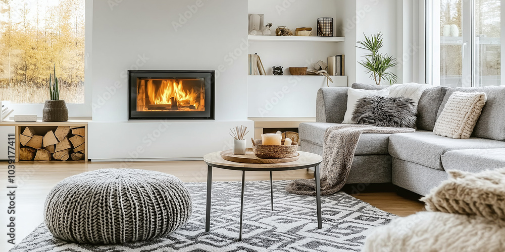 Obraz premium Modern interior living room burning fireplace cozy design