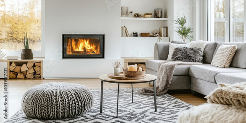 Modern interior living room burning fireplace cozy design photo