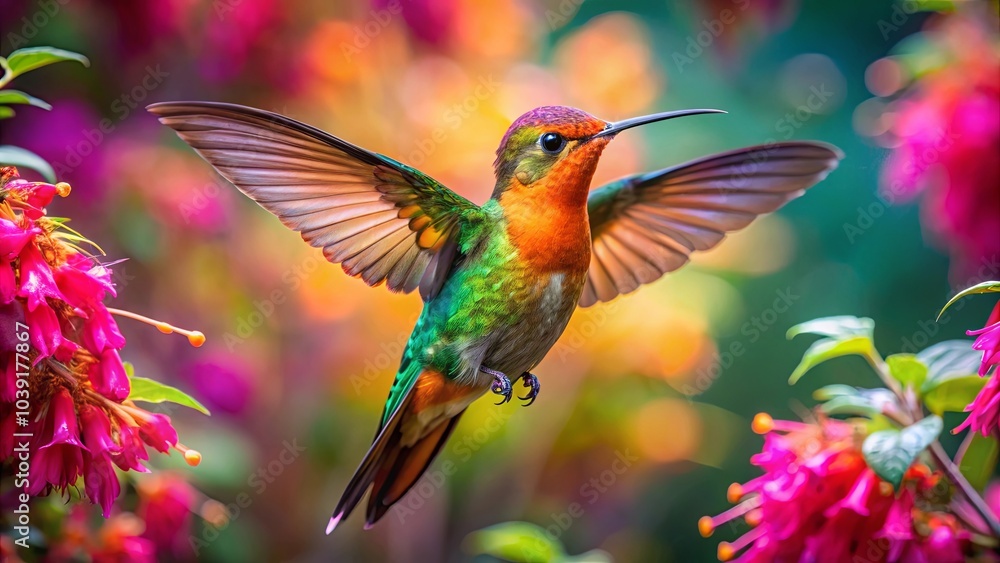 Fototapeta premium A vibrant hummingbird with iridescent plumage hovers in mid-air, wings spread wide, against a backdrop of brightly colored blossoms, capturing a moment of suspended flight and delicate beauty.