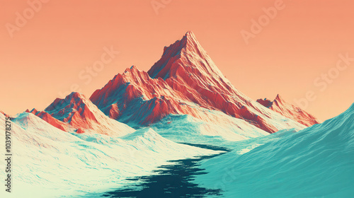 A stylized mountain landscape with vibrant colors and a serene river. photo