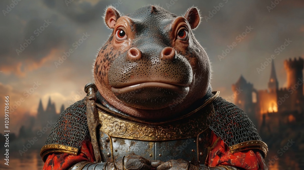 Obraz premium A brave hippo knight the unlikely hero of medieval fantasy realms journeying through adventures and legends