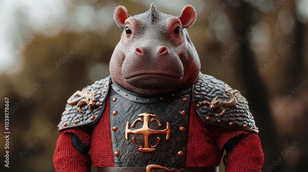 A heroic hippopotamus in armor unleashing the fantasy of animal knights and their epic adventures A heroic hippopotamus in armor unleashing the fantasy of animal knights and their epic adventures