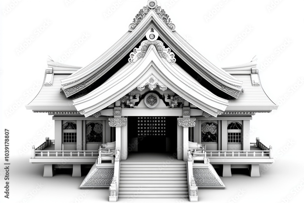 Fototapeta premium Minimalist black and white depiction of the Hall of Prayer for Good Harvests, focusing on its symmetrical shape and iconic rooflines