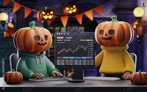 A festive scene featuring two pumpkin-headed figures analyzing charts on a monitor, set against a Halloween-themed backdrop with decorations. photo