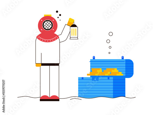 Divers find treasure. Diving illustration. Flat vector illustration