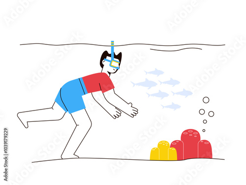 Boy sees horde of fishes. Diving illustration. Flat vector illustration