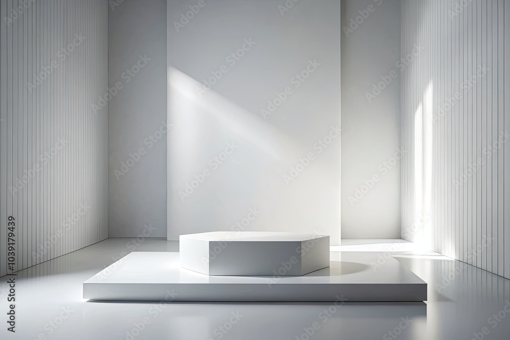 Fototapeta premium Sleek 3D white podium featuring a long exposure effect set against a pristine white wall, perfect for showcasing products and modern design ideas.