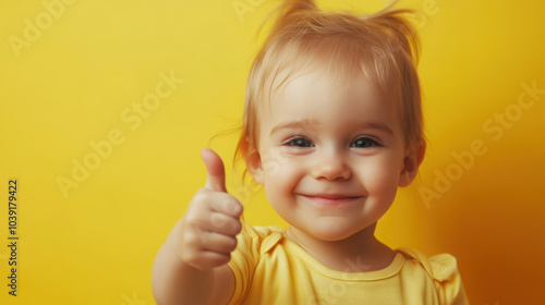 A cheerful toddler giving a thumbs up against a bright yellow background.