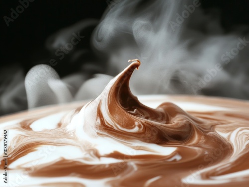 A close-up of hot chocolate swirling with milk, creating a beautiful marbled pattern and releasing steamy warmth.