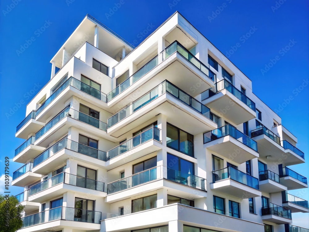 Sleek white apartment building contrasts beautifully against a clear blue sky, showcasing modern architectural design, urban aesthetics, and minimalist living in contemporary residential spaces. Sleek white apartment building contrasts beautifully against a clear blue sky, showcasing modern architectural design, urban aesthetics, and minimalist living in contemporary residential spaces.