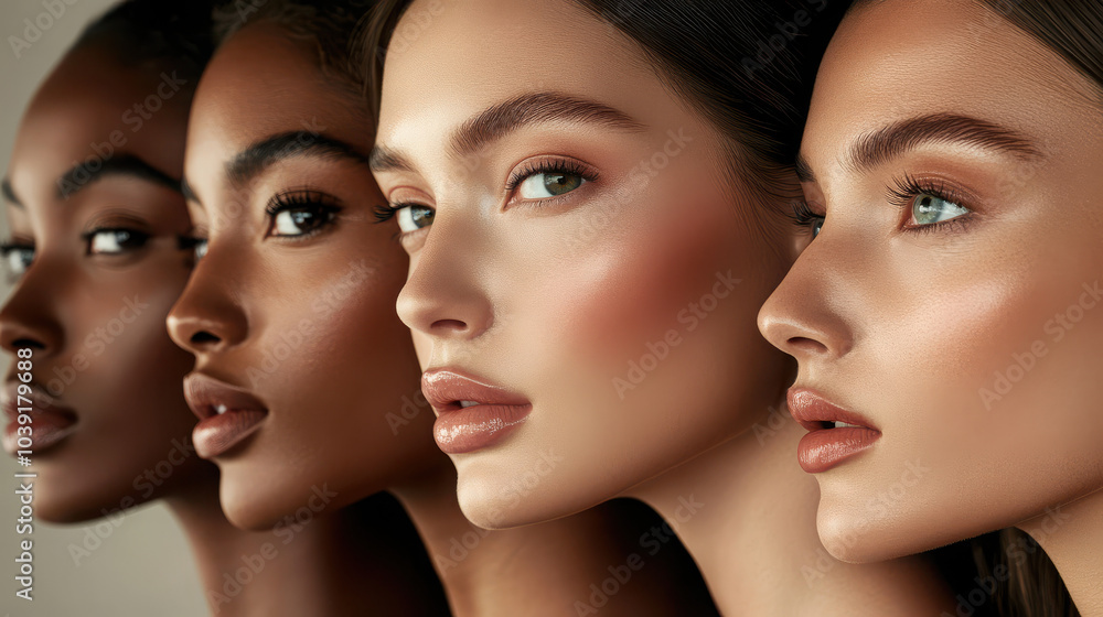 Fototapeta premium A group of diverse women showcasing different skin tones and features in a beauty-focused composition.