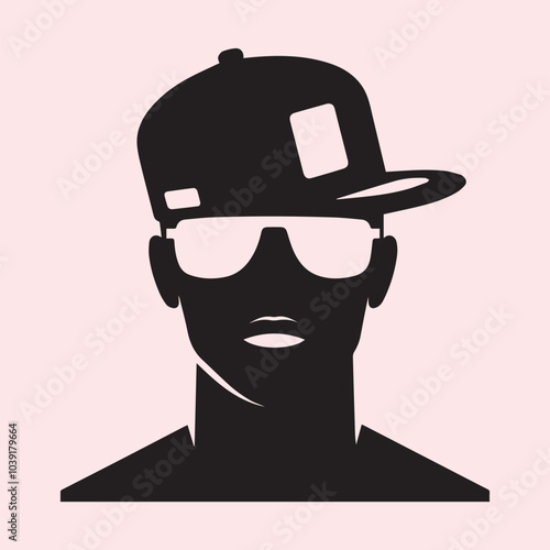 Cool rapper man in a baseball cap and sunglasses silhouette vector black and white