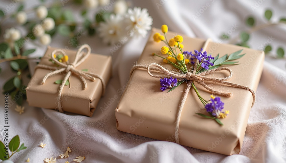 Gifts with flowers and twine on a textured fabric background Gifts with flowers and twine on a textured fabric background