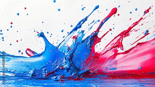 Abstract art with blue and red paint splattered on a white background.