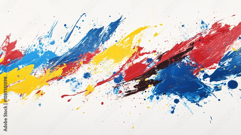 Abstract art with yellow, blue, red, and black paint on white background. Abstract art with yellow, blue, red, and black paint on white background.
