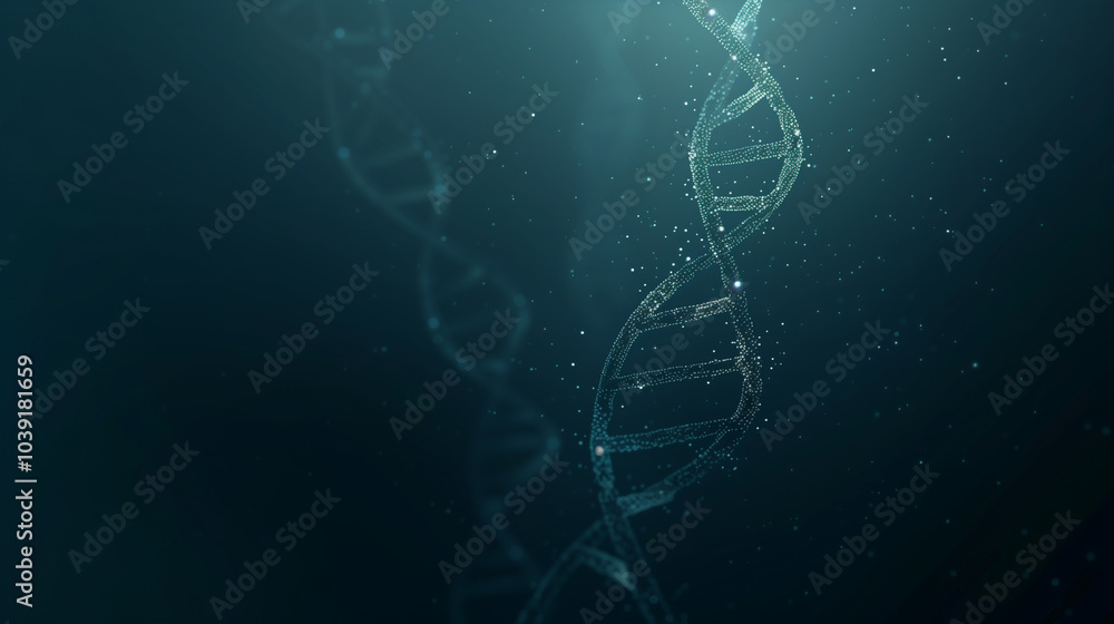 Futuristic glowing DNA strand in dark space with particles and stars background Futuristic glowing DNA strand in dark space with particles and stars background