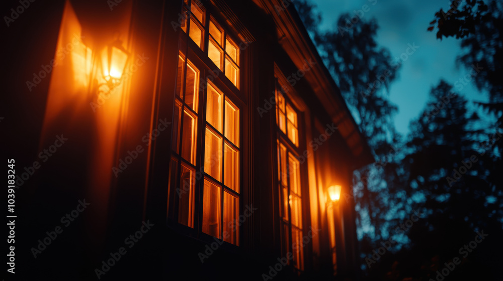 hauntingly beautiful scene of mansion at night, with warm orange light spilling from windows, creating eerie yet inviting atmosphere. surrounding trees add to mysterious charm hauntingly beautiful scene of mansion at night, with warm orange light spilling from windows, creating eerie yet inviting atmosphere. surrounding trees add to mysterious charm