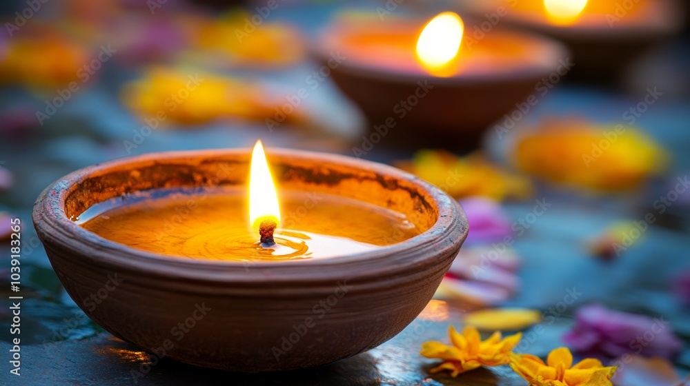 Clay Diya Oil Lamp with Flame and Flowers for Diwali or Puja Clay Diya Oil Lamp with Flame and Flowers for Diwali or Puja