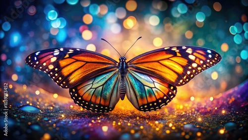 Vibrant butterfly wing textures mixed with a bokeh effect showcase colorful patterns, capturing natureâ€™s beauty through the intricate details of macro photography.