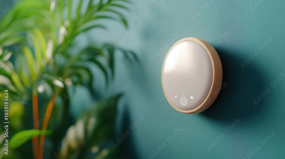 Smart thermostat adjusting room temperature, blending modern design with functionality. sleek device is mounted on teal wall, surrounded by lush greenery, creating harmonious atmosphere Smart thermostat adjusting room temperature, blending modern design with functionality. sleek device is mounted on teal wall, surrounded by lush greenery, creating harmonious atmosphere